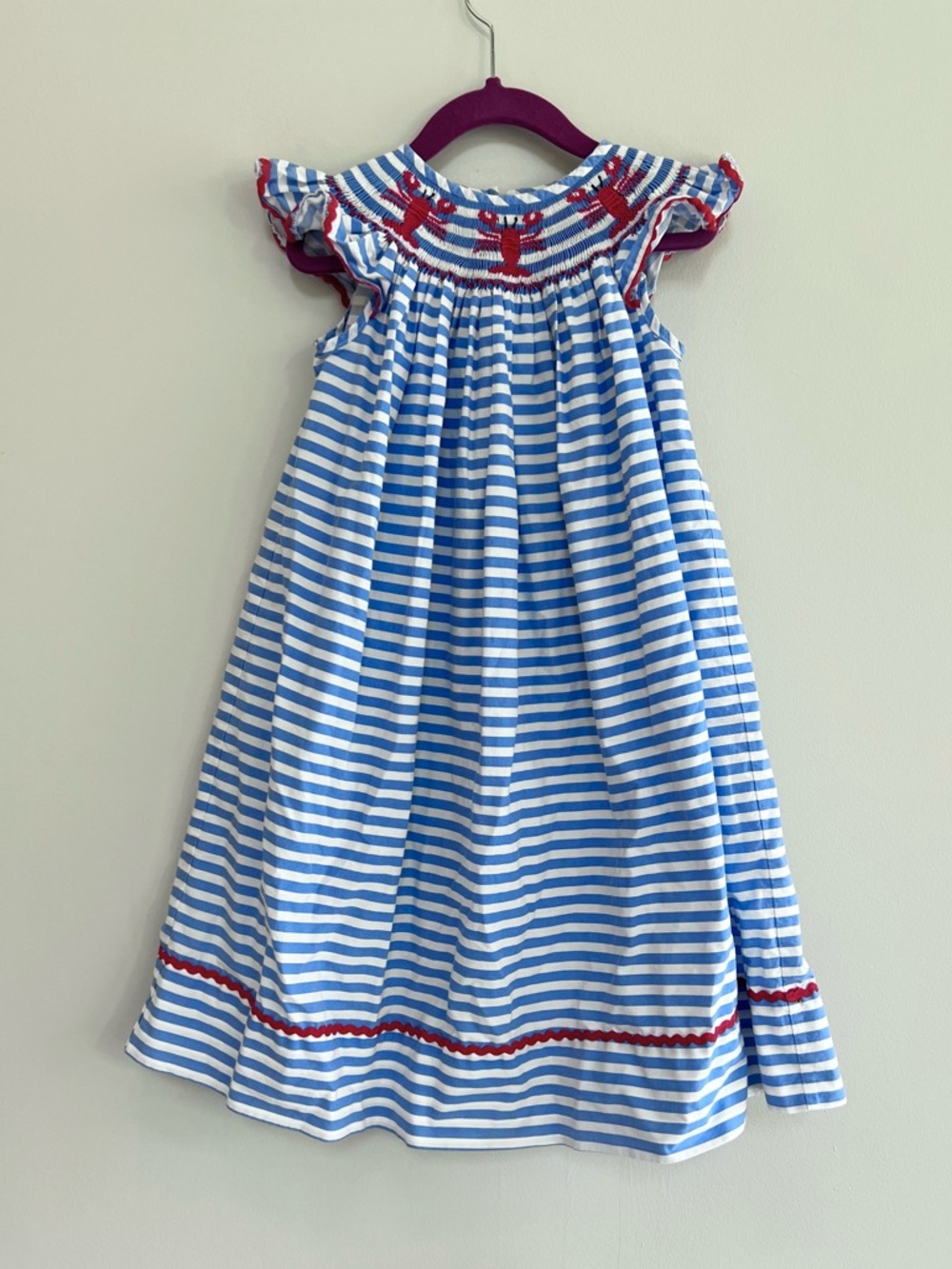 Classic Whimsy Lobster Treasures Smocked Blue Striped Angel Sleeve Dress, 4T